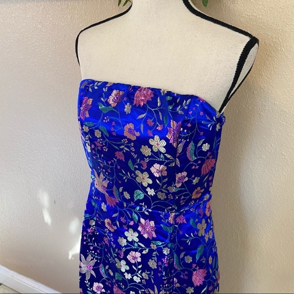 NWOT Lulus Make a Move Blue Satin Floral Jacquard Strapless Midi Dress - Picture 5 of 15